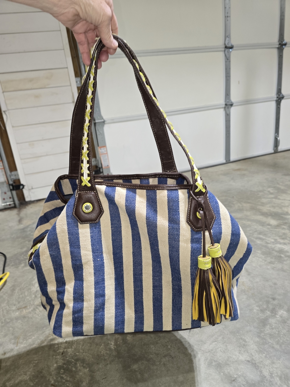Big Buddha Striped Blue/ White Canvas Tote, 15x12x5